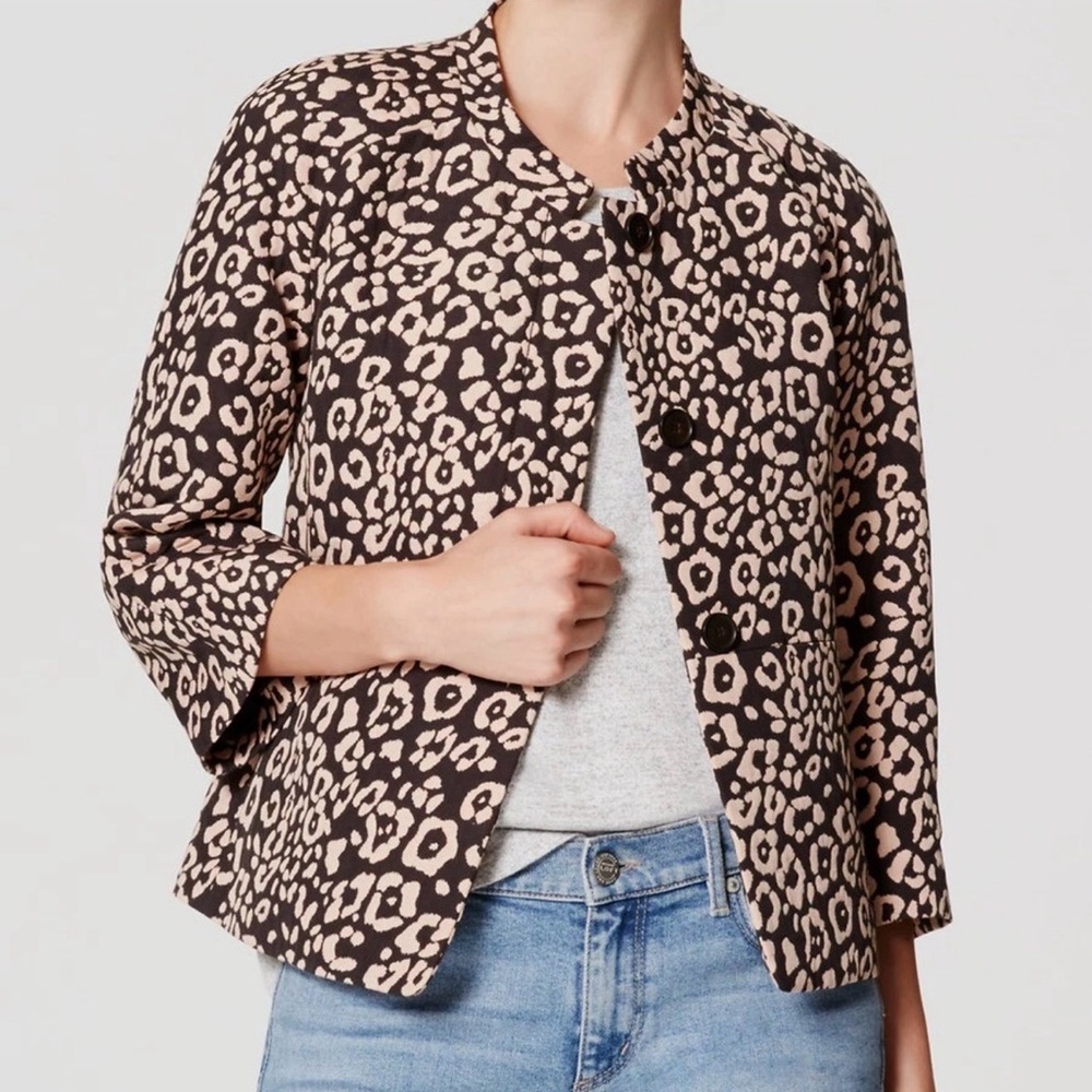 Ann Taylor Loft Brown Animal Print Leopard Cropped Jacket Blazer Women L